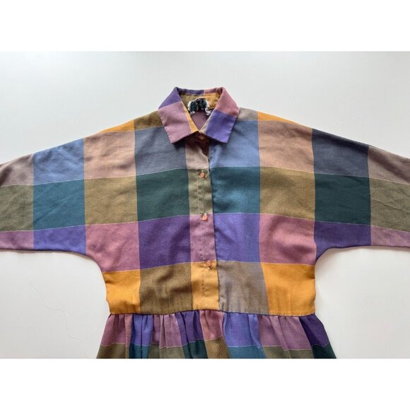 Vintage 70's SANDY PETlTES Check Polyester Flannel Fit & Flare Dress, Size L - Picture 8 of 15